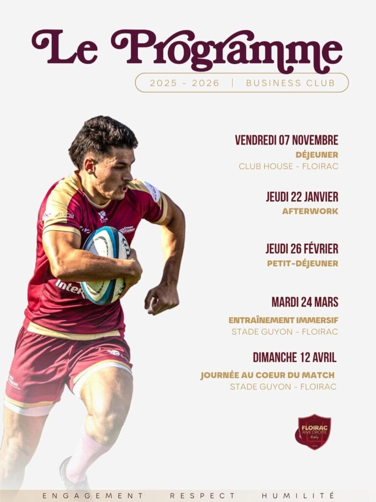 Lire la suite à propos de l’article 📅 Le programme du Business Club de Floirac Rugby pour la saison 2025-2026 est lancé !